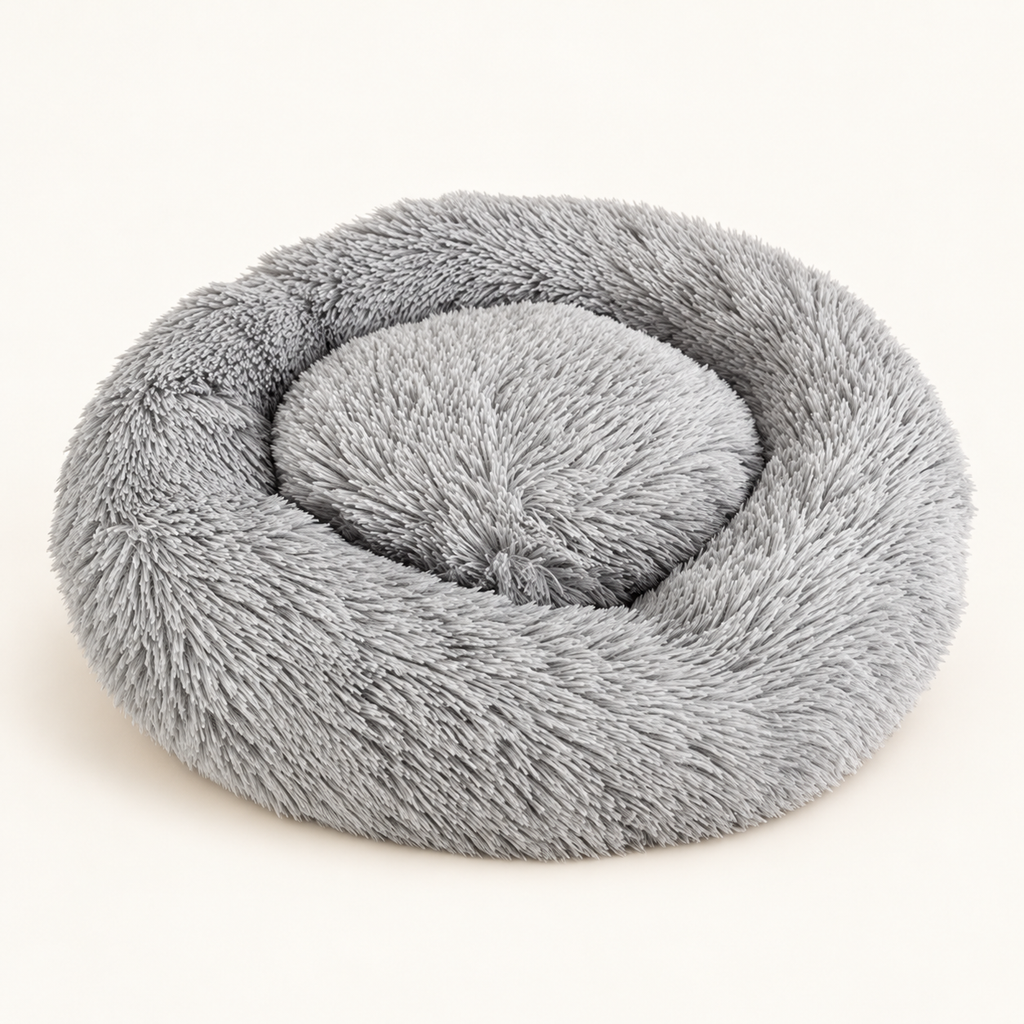 Sazzz Dog Bed Fluffy Round Light Grey Shaggy Plush