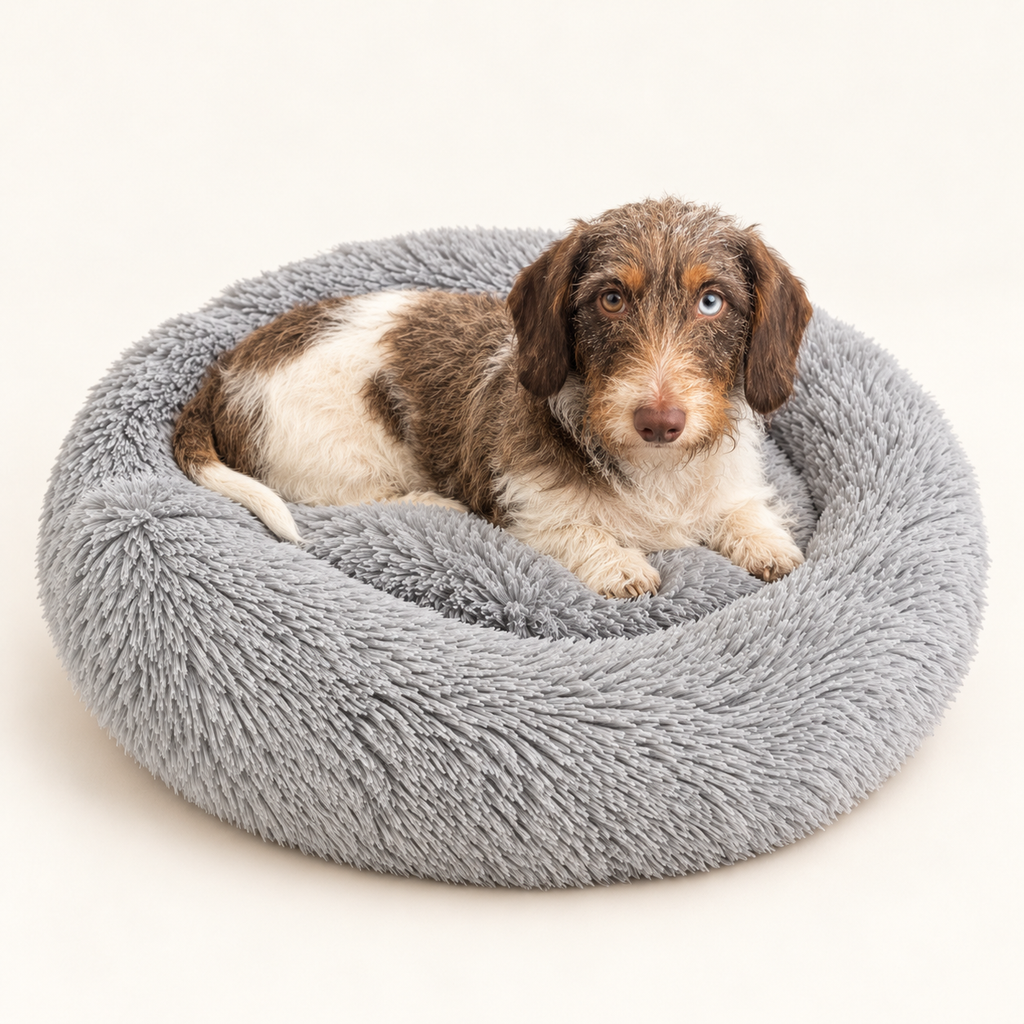 Sazzz Dog Bed Fluffy Round Light Grey Shaggy Plush