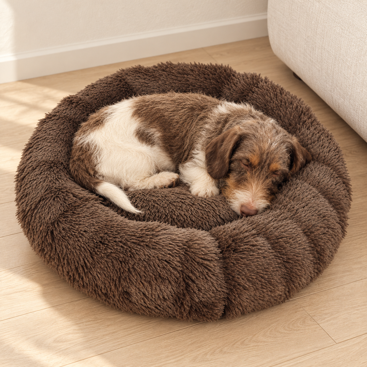 Sazzz Hondenmand Fluffy Rond Bruin Shaggy Pluche 65 cm