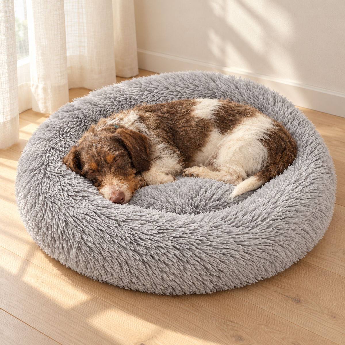 Sazzz Hundebett Fluffy Rund Hellgrau Shaggy Plüsch