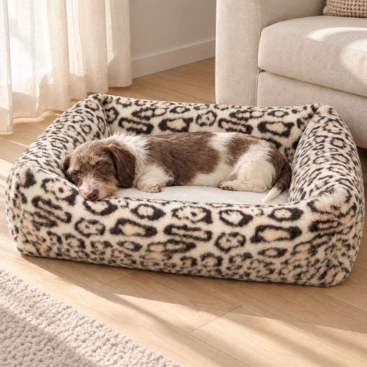 Trixie Dog Bed Leo Rectangular Cream Leopard Print Plush