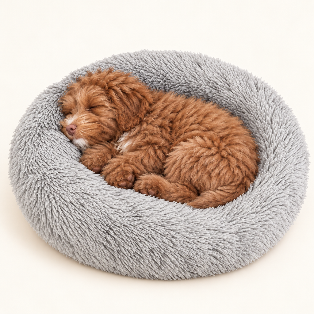 Sazzz Dog Bed Fluffy Round Light Grey Shaggy Plush
