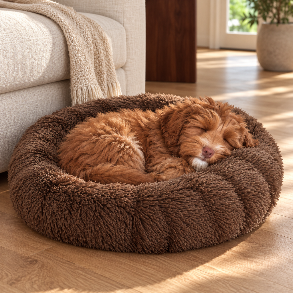 Sazzz Hondenmand Fluffy Rond Bruin Shaggy Pluche 65 cm